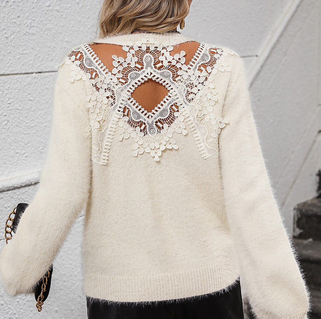Fuzzy Knit Sweater With Lace Back - Apricot - 1