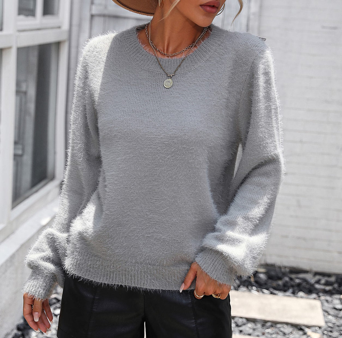 Fuzzy Knit Sweater With Lace Back - Grey - 1