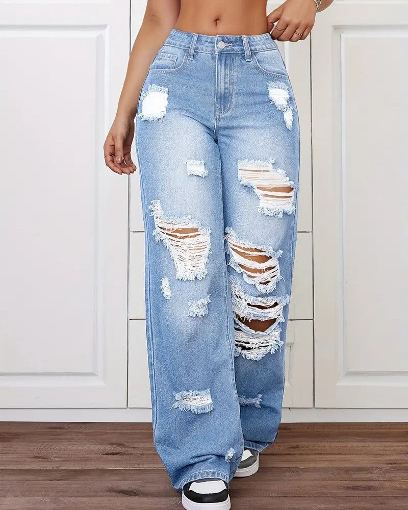 Distressed High Waist Wide Leg Jeans - Blue