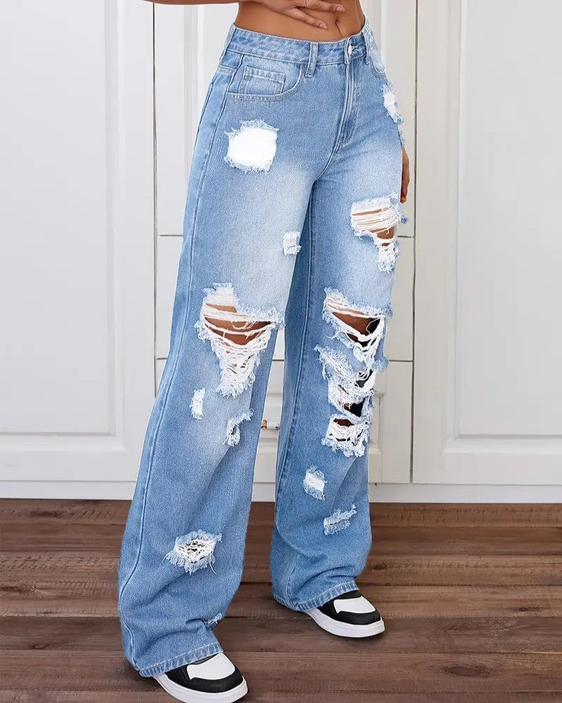 Distressed High Waist Wide Leg Jeans - Blue - 1