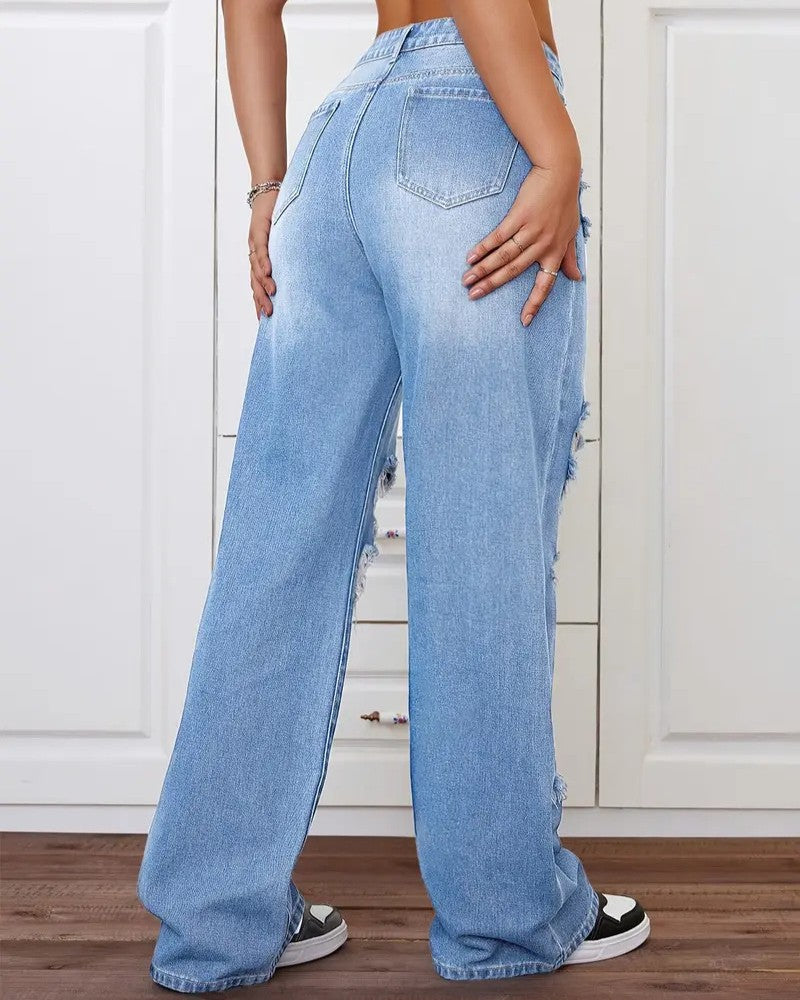 Distressed High Waist Wide Leg Jeans - Blue - 2