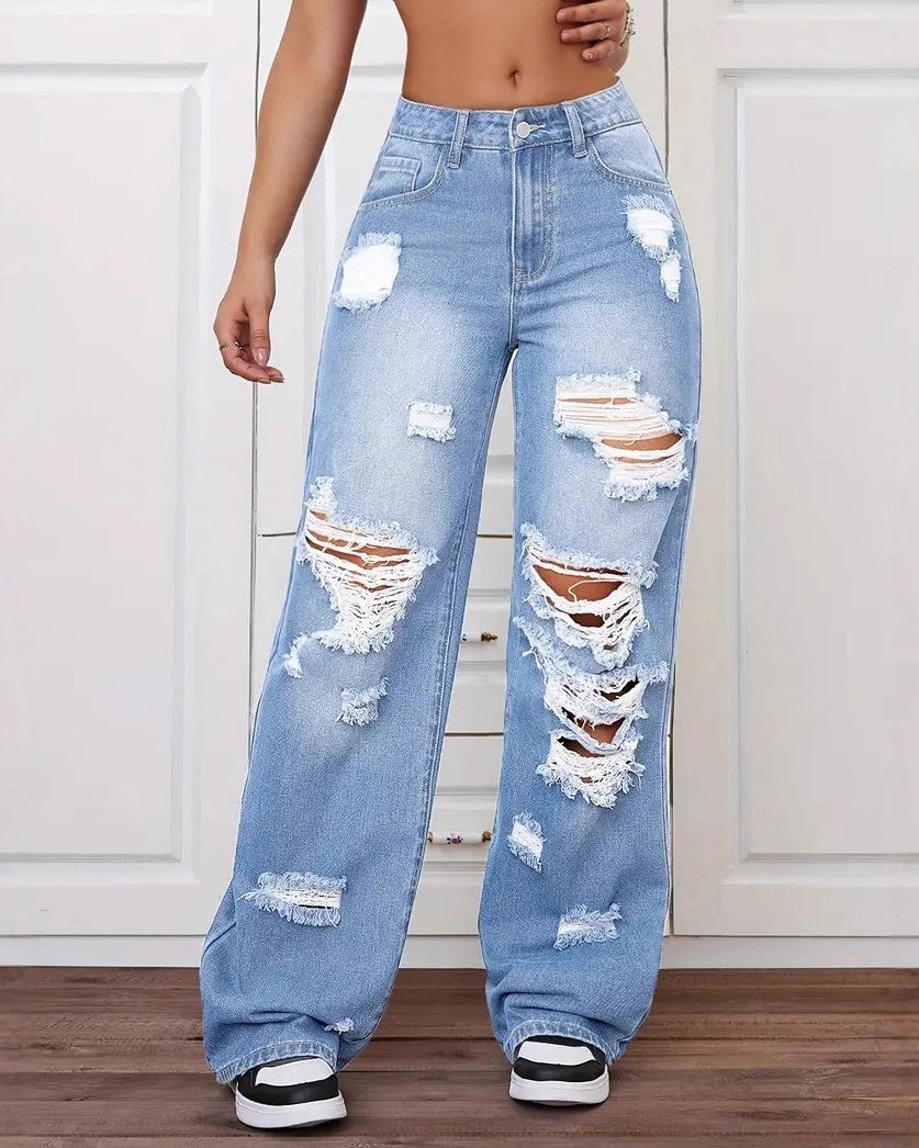 Distressed High Waist Wide Leg Jeans - Blue - 3