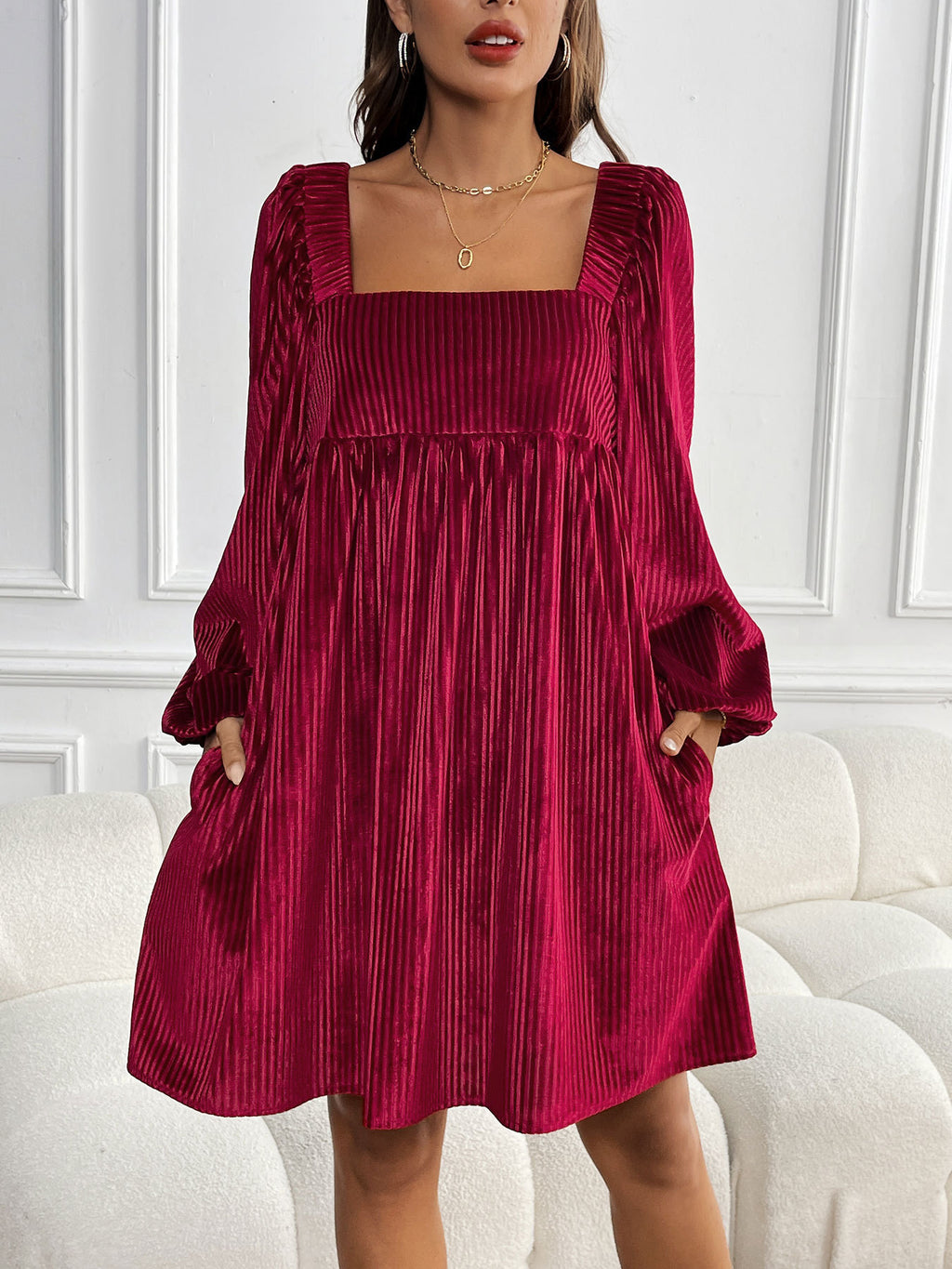 Velvet Square Neck Puff Sleeve Mini Dress - Red