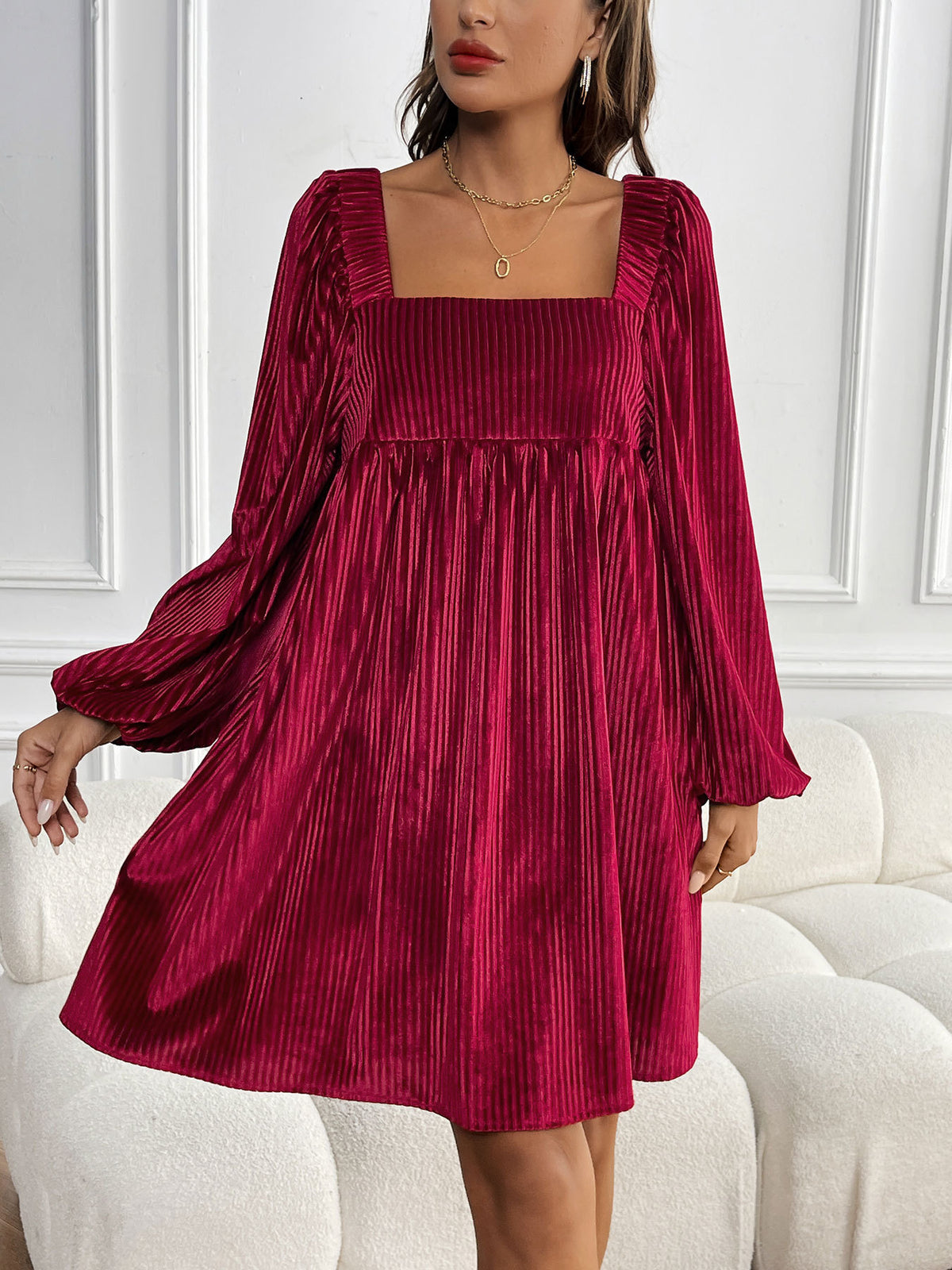 Velvet Square Neck Puff Sleeve Mini Dress - Red - 1
