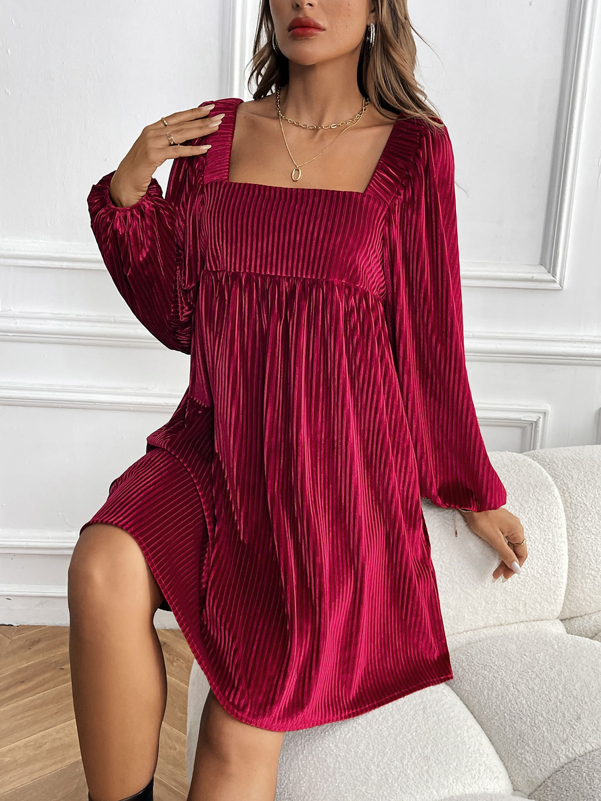 Velvet Square Neck Puff Sleeve Mini Dress - Red - 2