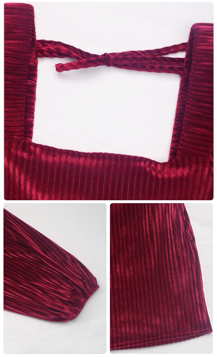 Velvet Square Neck Puff Sleeve Mini Dress - Red - 5