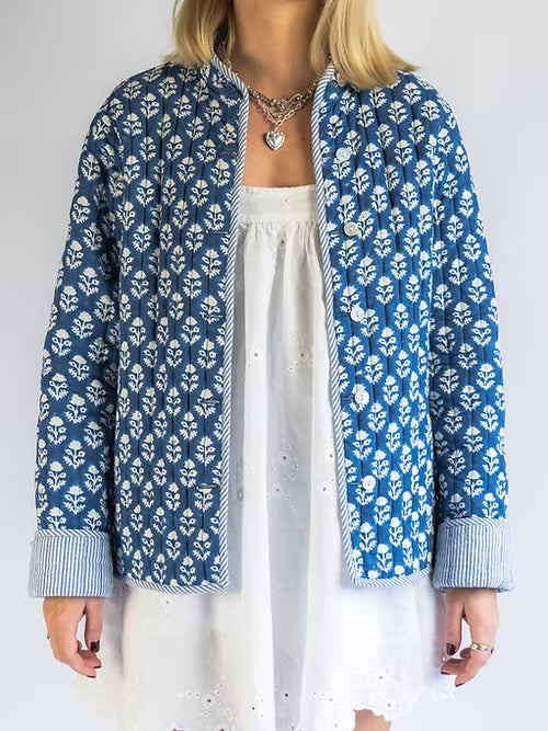 Reversible Block Print Mandarin Collar Jacket - Blue