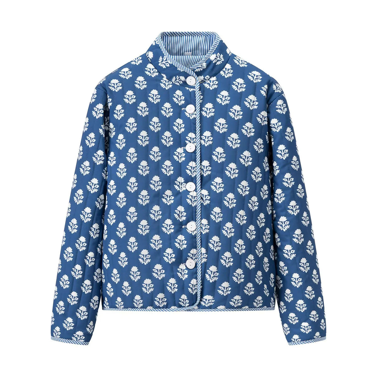 Reversible Block Print Mandarin Collar Jacket - Blue - 1