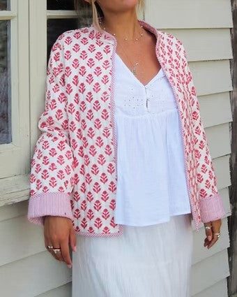 Reversible Block Print Mandarin Collar Jacket - Pink - 3