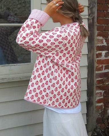 Reversible Block Print Mandarin Collar Jacket - Pink - 4