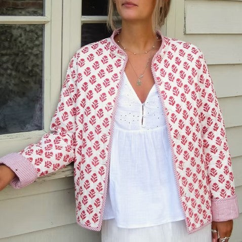 Reversible Block Print Mandarin Collar Jacket - Pink - 5