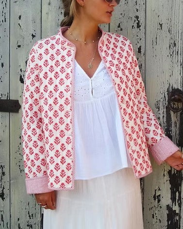 Reversible Block Print Mandarin Collar Jacket - Pink - 7