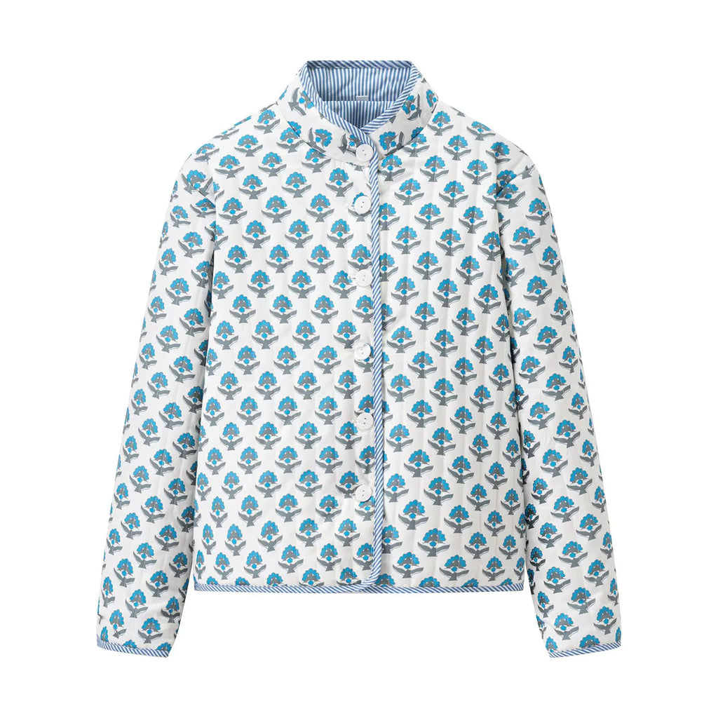 Reversible Block Print Mandarin Collar Jacket - White