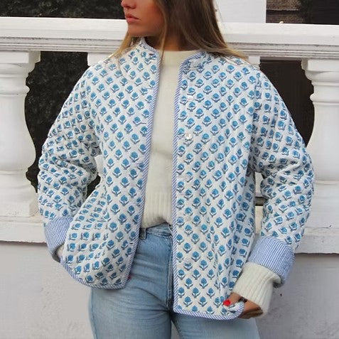 Reversible Block Print Mandarin Collar Jacket - White - 3