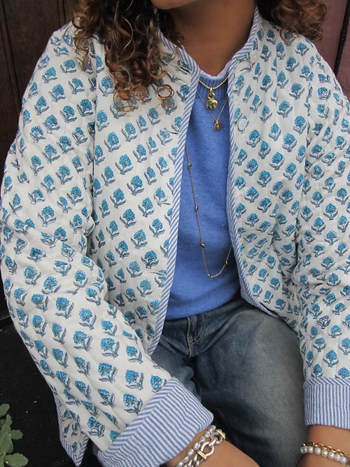 Reversible Block Print Mandarin Collar Jacket - White - 4