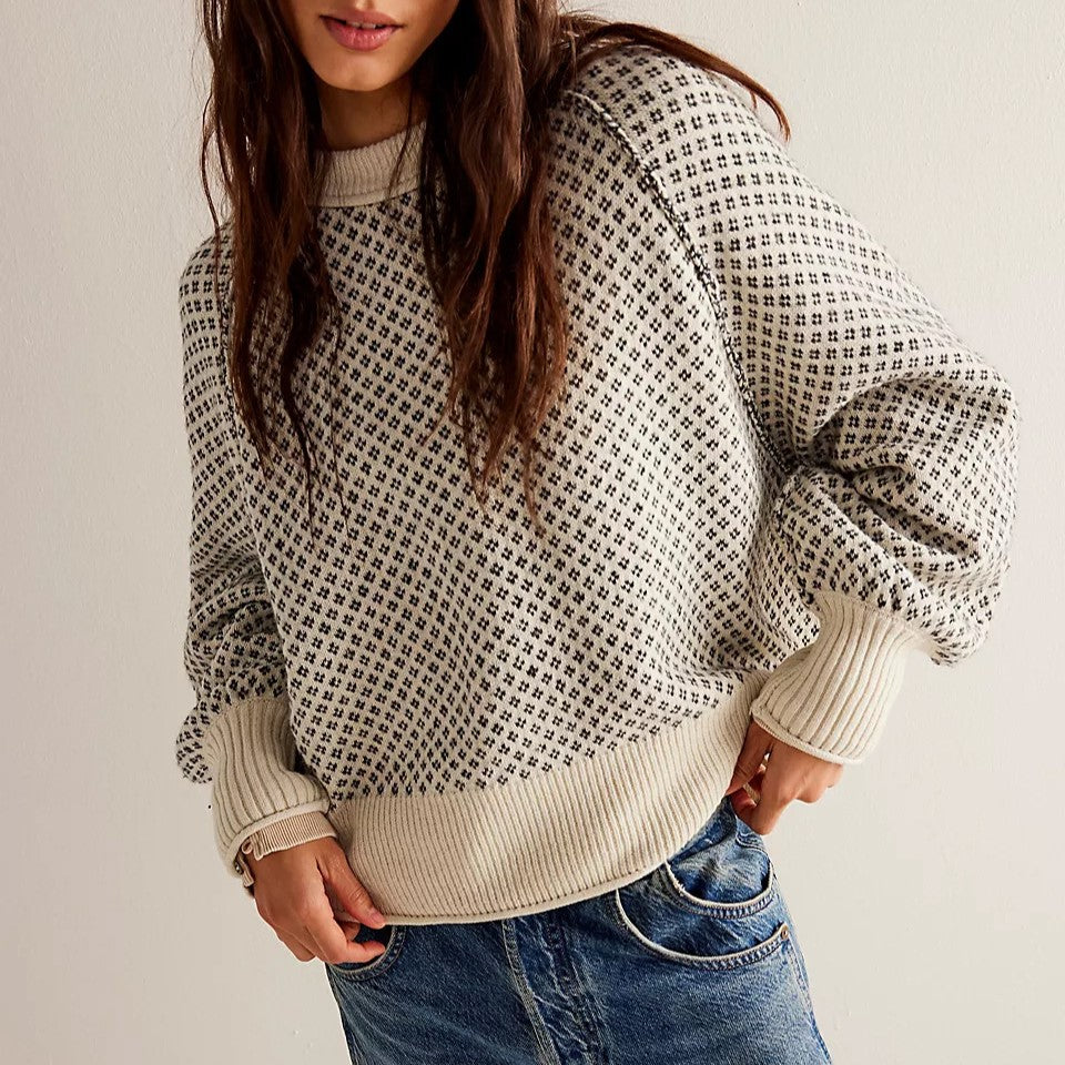 Birdseye Jacquard Crewneck Drop Shoulder Sweater - Apricot
