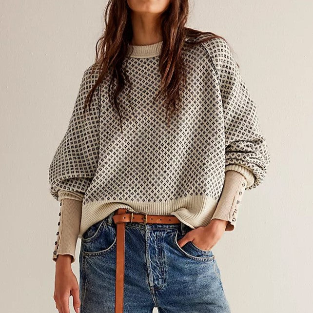 Birdseye Jacquard Crewneck Drop Shoulder Sweater - Apricot - 1