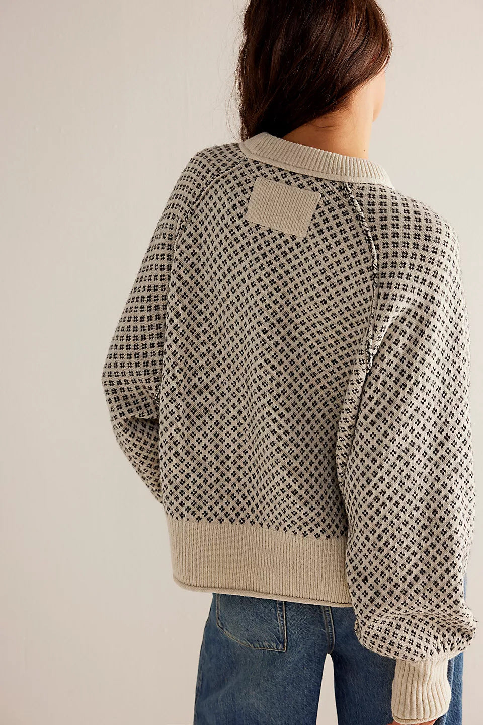 Birdseye Jacquard Crewneck Drop Shoulder Sweater - Apricot - 2