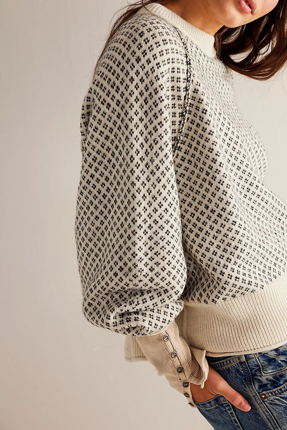 Birdseye Jacquard Crewneck Drop Shoulder Sweater - Apricot - 3