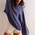 Birdseye Jacquard Crewneck Drop Shoulder Sweater - Navy