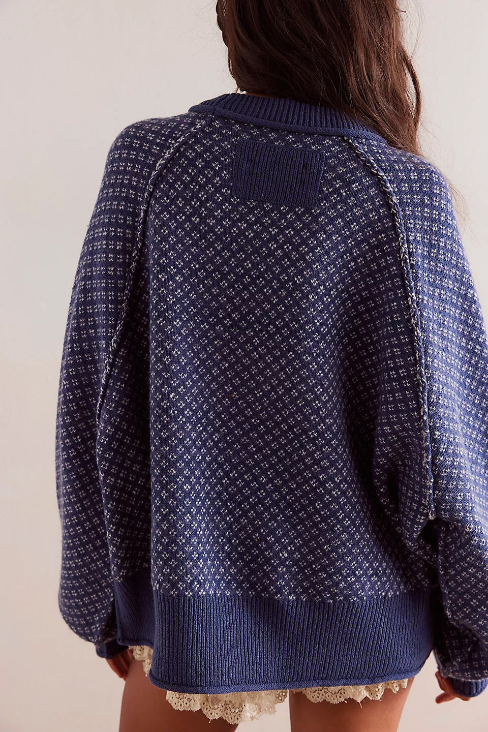 Birdseye Jacquard Crewneck Drop Shoulder Sweater - Navy - 1