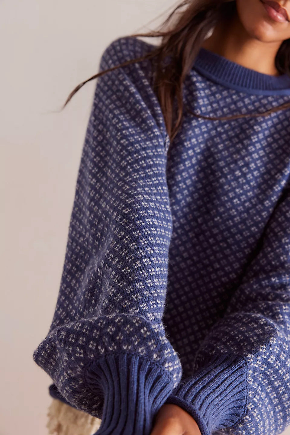 Birdseye Jacquard Crewneck Drop Shoulder Sweater - Navy - 2