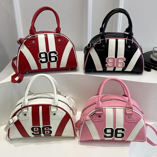 Y2K Striped Bowling Bag With Crossbody Strap - Black