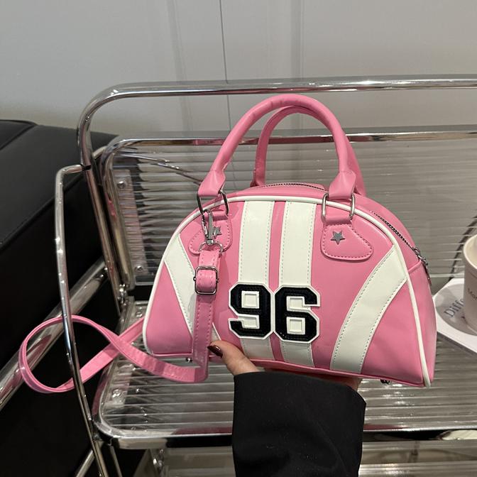 Y2K Striped Bowling Bag With Crossbody Strap - Pink - 1