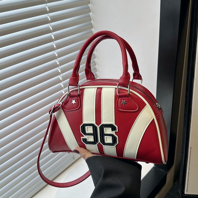 Y2K Striped Bowling Bag With Crossbody Strap - Red - 1