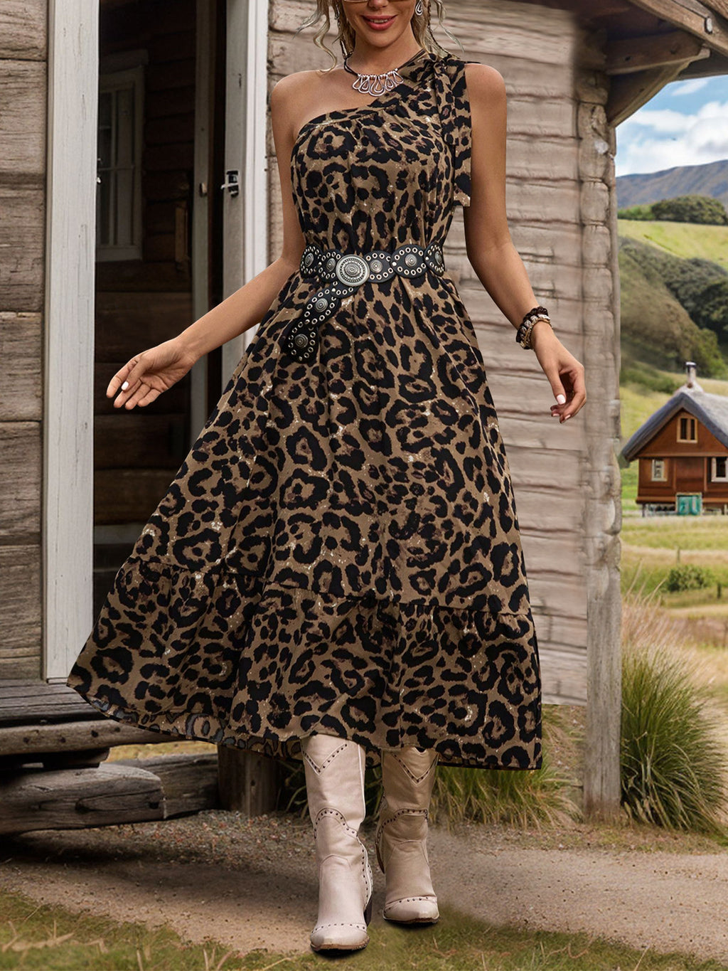Leopard Print One Shoulder Midi Dress - Leopard