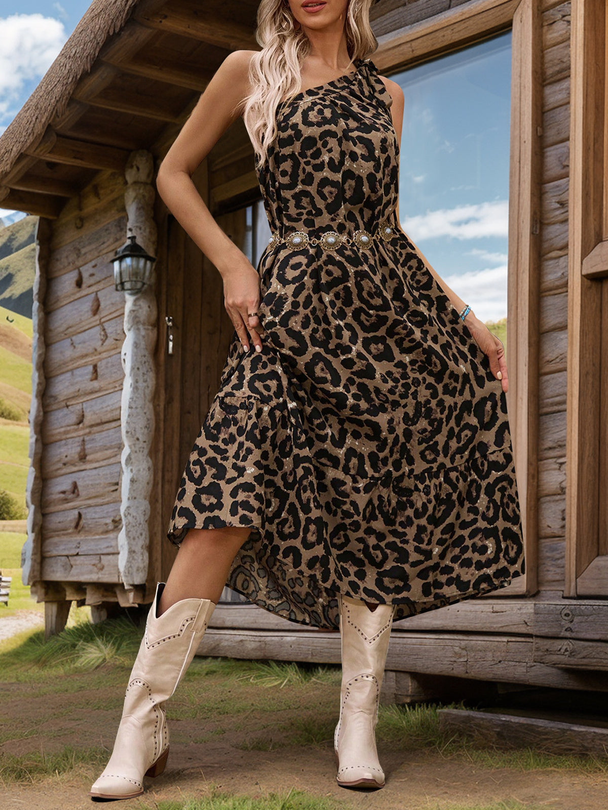 Leopard Print One Shoulder Midi Dress - Leopard - 1