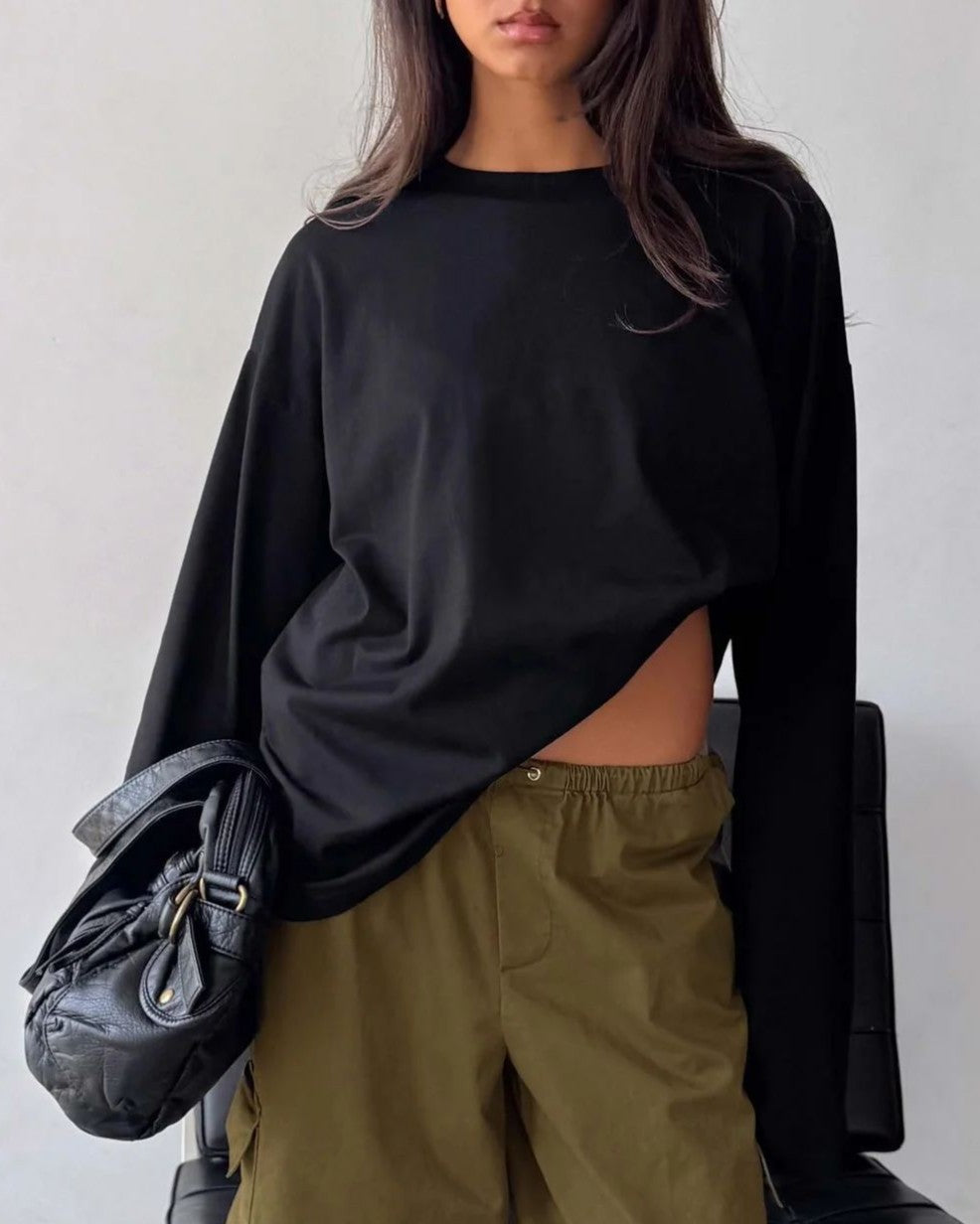 Oversized Drop Shoulder Long Sleeve Tee - Black