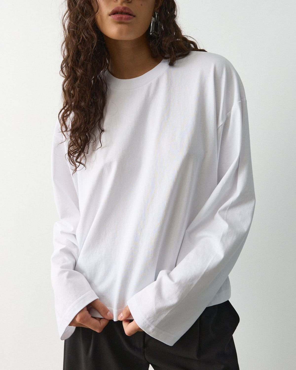 Oversized Drop Shoulder Long Sleeve Tee - White