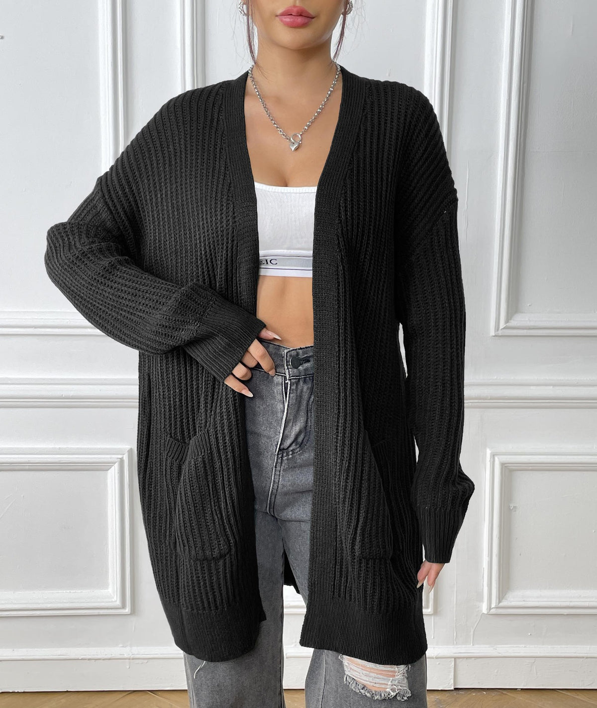 Longline Ribbed Open Front Pocket Cardigan - Black - 1