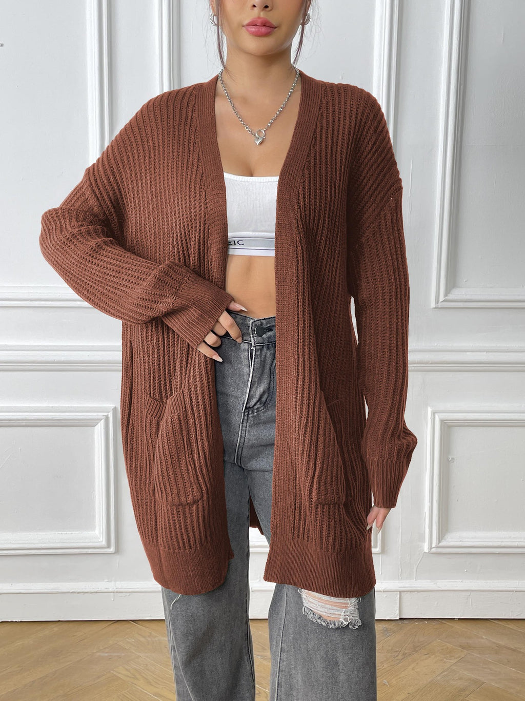 Longline Ribbed Open Front Pocket Cardigan - Coffee