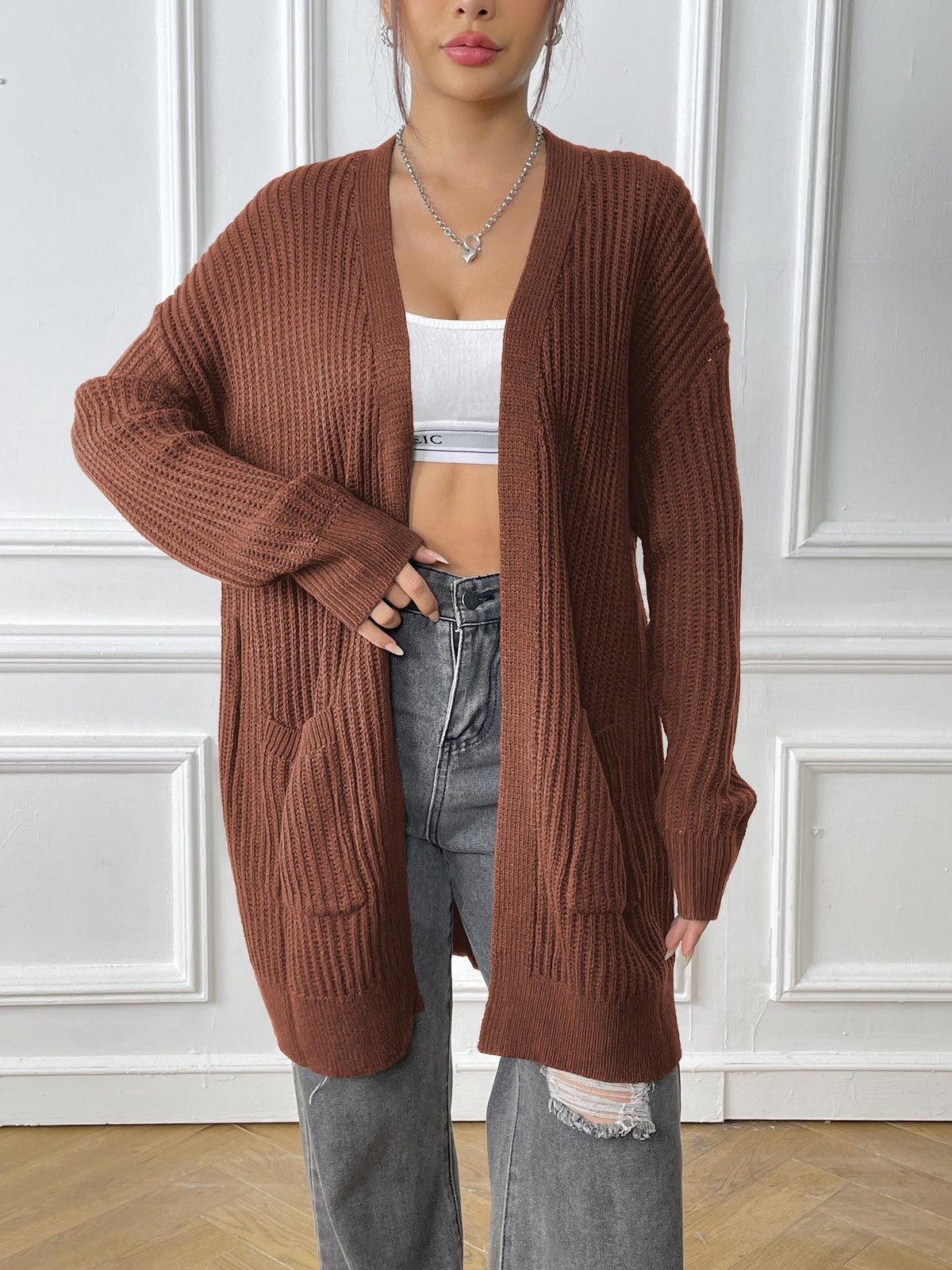 Longline Ribbed Open Front Pocket Cardigan - Coffee