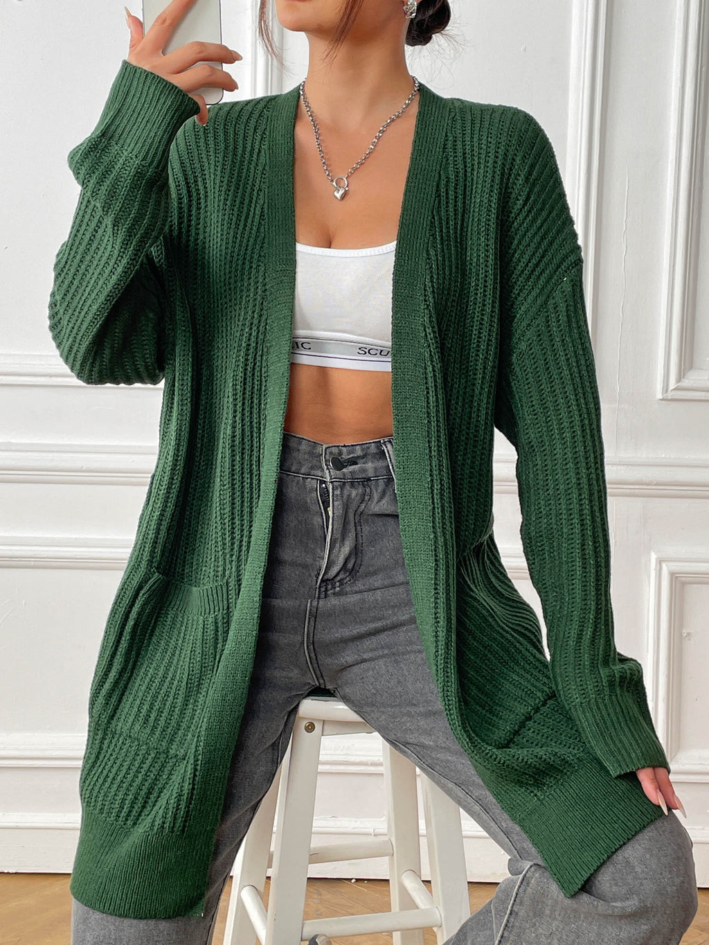 Longline Ribbed Open Front Pocket Cardigan - Green