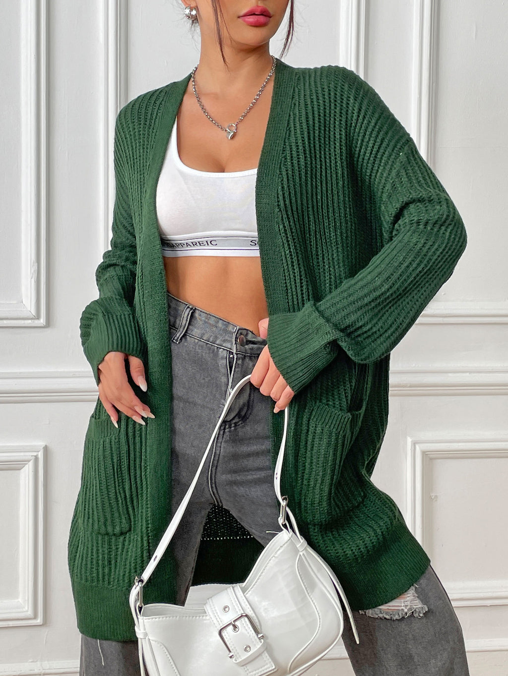 Longline Ribbed Open Front Pocket Cardigan - Green - 1