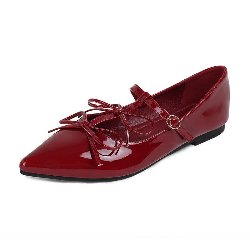 Pointed Toe Bow Mary Jane Ballet Flats - Wine Red