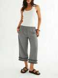 Ruffle Trim Gingham Cropped Wide Leg Pants - Black