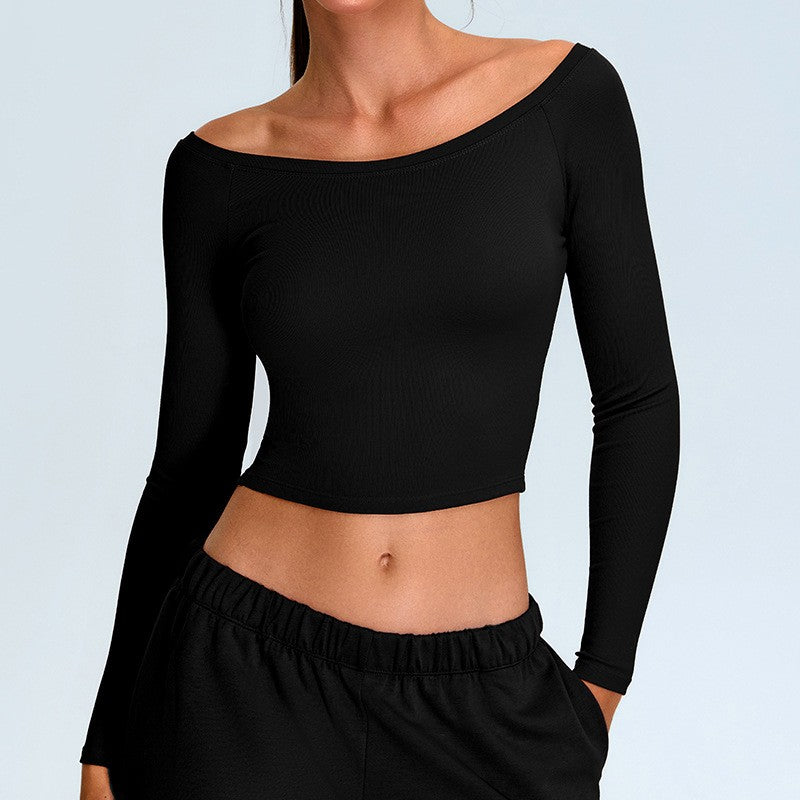 Ribbed Off Shoulder Cropped Long Sleeve Yoga Top - Black