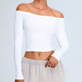 Ribbed Off Shoulder Cropped Long Sleeve Yoga Top - White