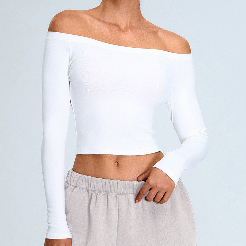 Ribbed Off Shoulder Cropped Long Sleeve Yoga Top - White