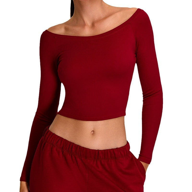 Ribbed Off Shoulder Cropped Long Sleeve Yoga Top
