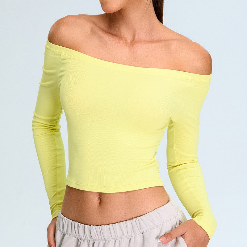 Ribbed Off Shoulder Cropped Long Sleeve Yoga Top