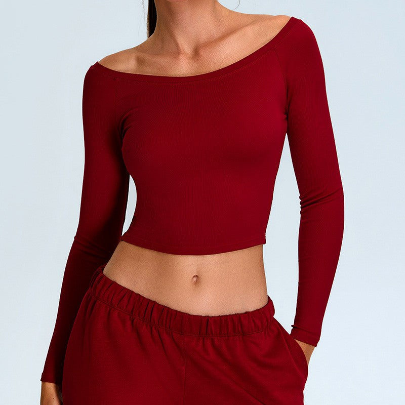 Ribbed Off Shoulder Cropped Long Sleeve Yoga Top