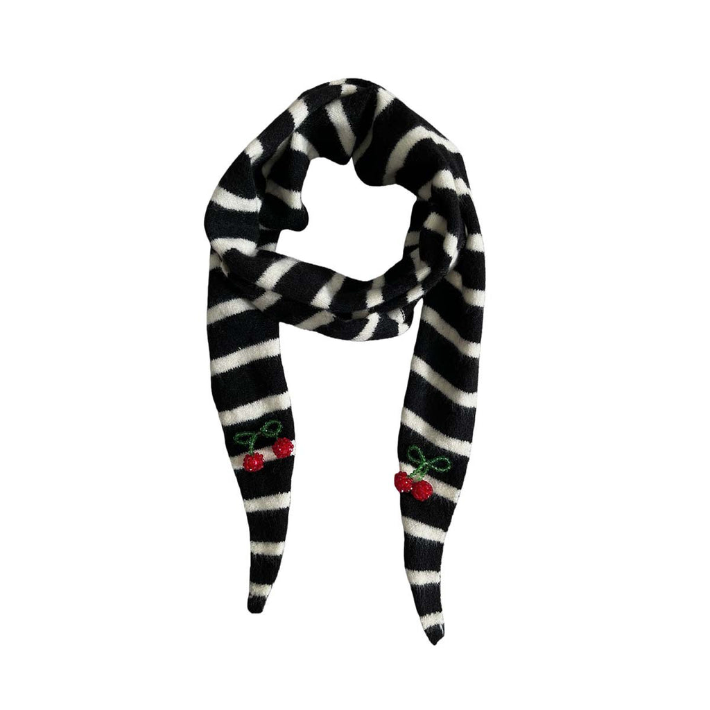 Striped Knit Triangle Scarf With Beaded Charms - Black