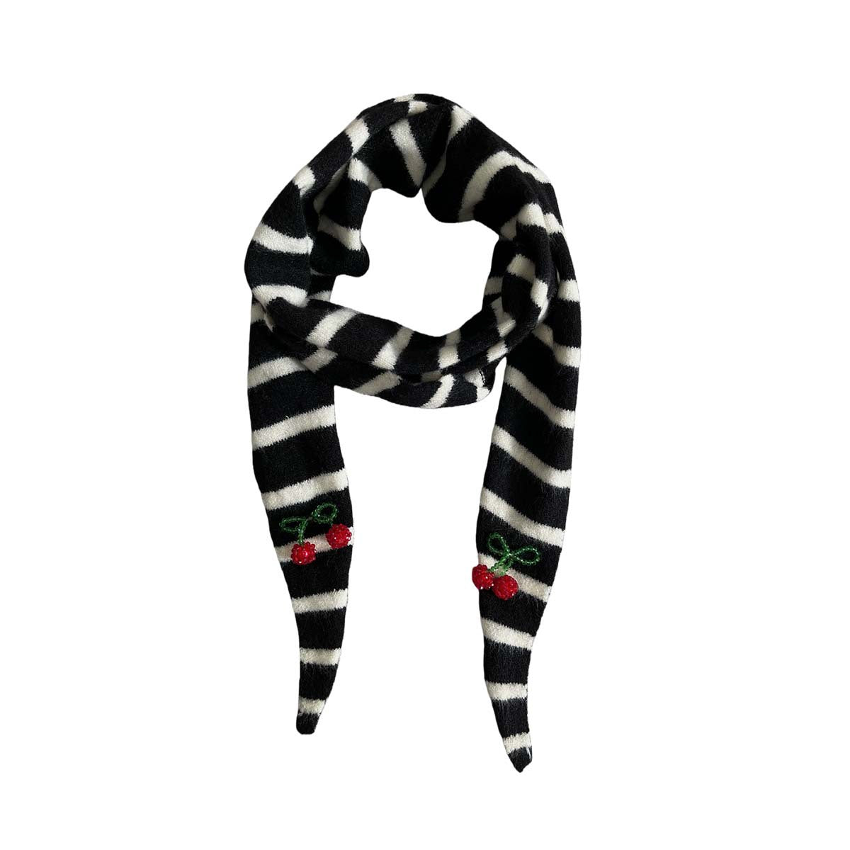 Striped Knit Triangle Scarf With Beaded Charms - Black