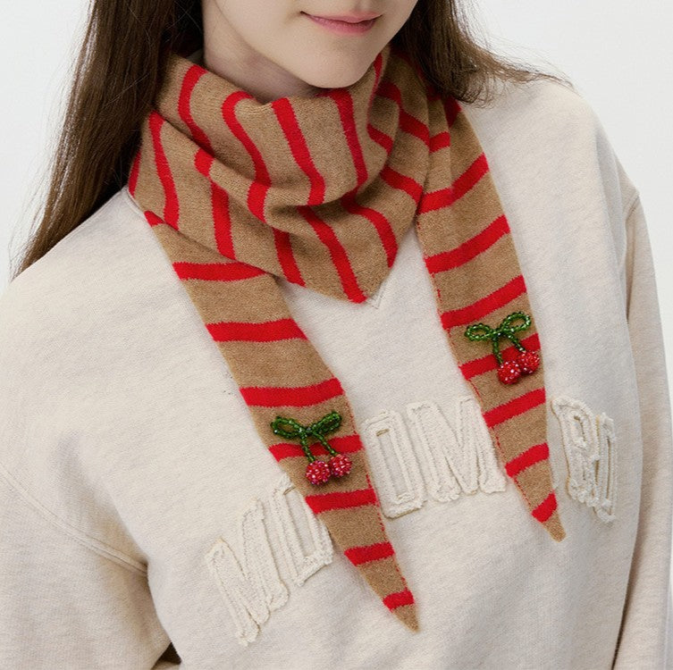 Striped Knit Triangle Scarf With Beaded Charms - Brown