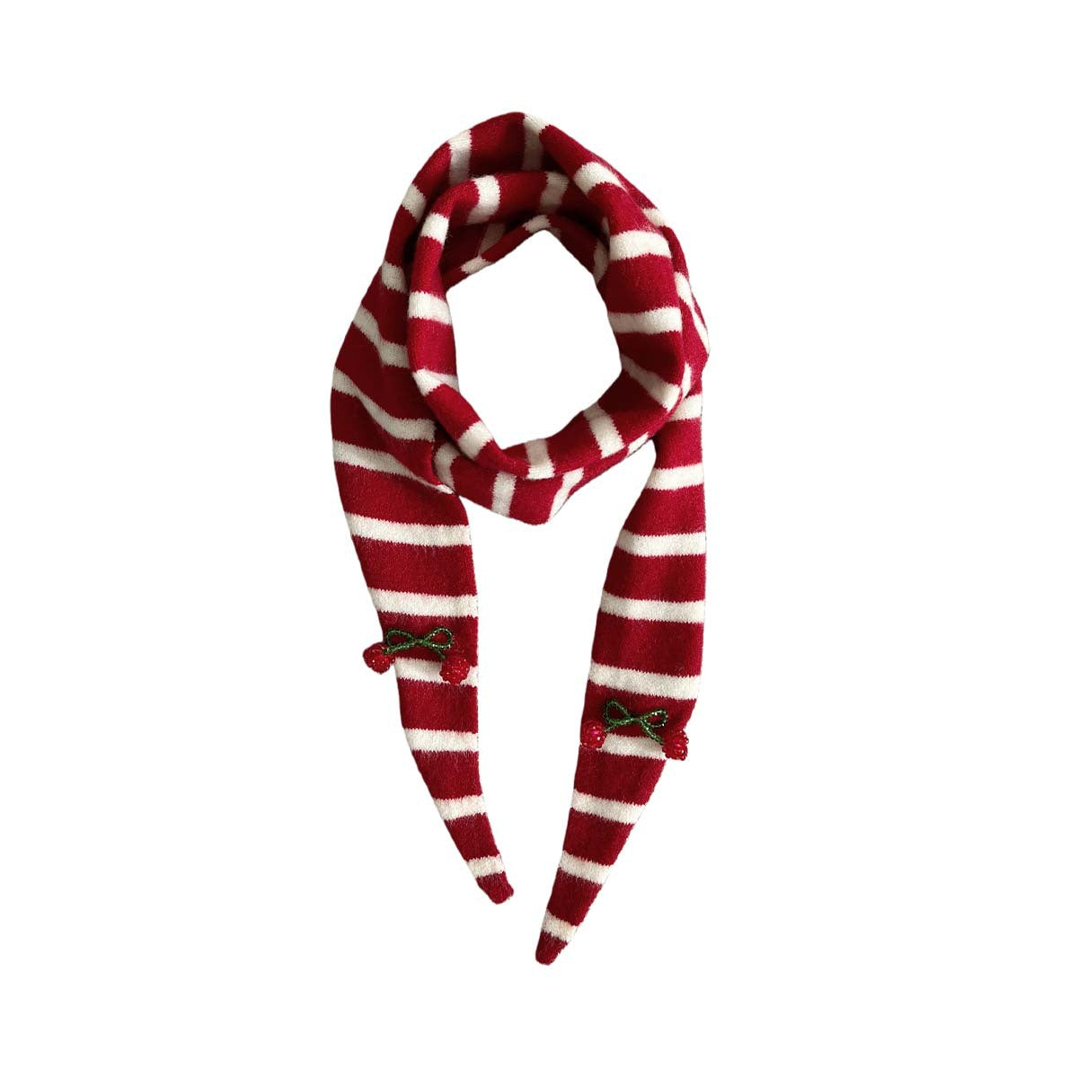 Striped Knit Triangle Scarf With Beaded Charms - Red